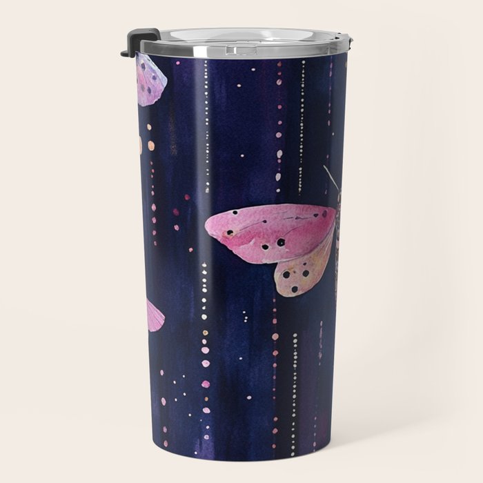 Night Garden Pink Watercolor Moths on Dark Purple All Over Travel Mug Gallery Image 3