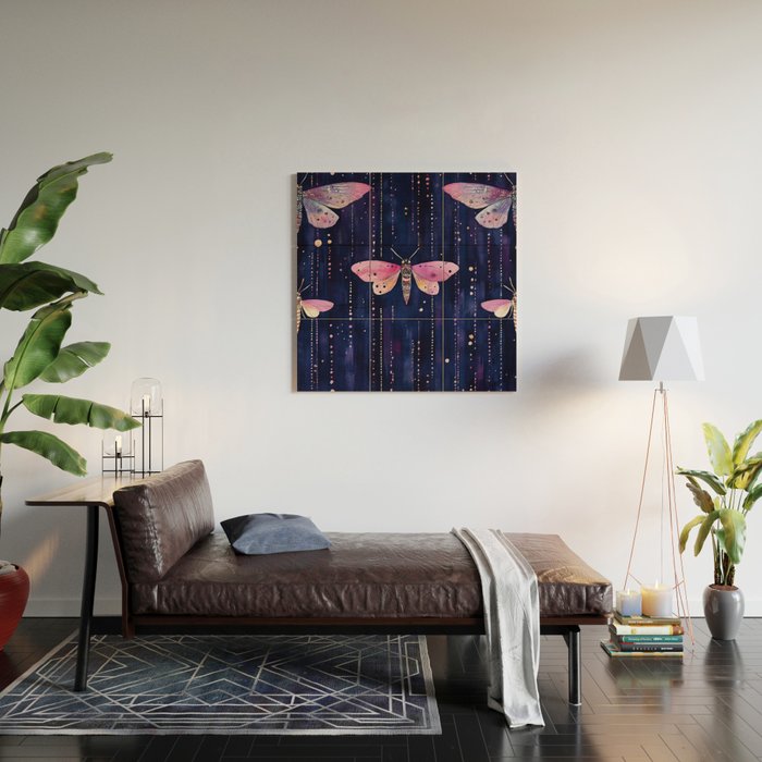Night Garden Pink Watercolor Moths on Dark Purple All Over Wood Wall Art Gallery Image 2