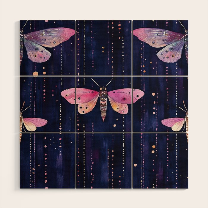 Night Garden Pink Watercolor Moths on Dark Purple All Over Wood Wall Art Gallery Image 1
