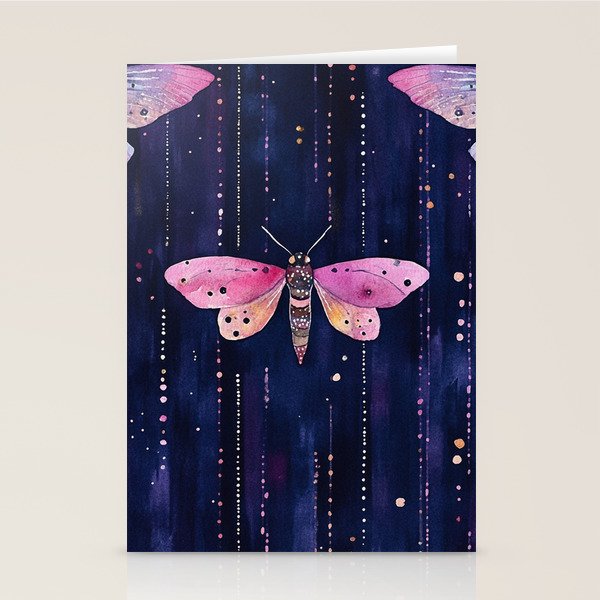 Night Garden Pink Watercolor Moths on Dark Purple All Over Stationery Card Gallery Image 2
