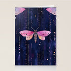Night Garden Pink Watercolor Moths on Dark Purple All Over Stationery Card Gallery Image 2