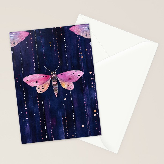 Night Garden Pink Watercolor Moths on Dark Purple All Over Stationery Card Gallery Image 2