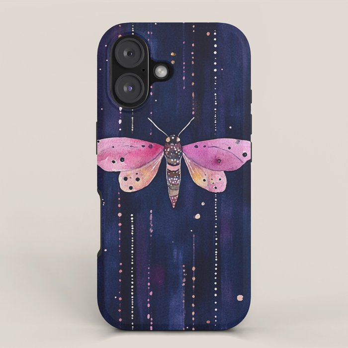 Night Garden Pink Watercolor Moths on Dark Purple All Over iPhone Case Gallery Image 1