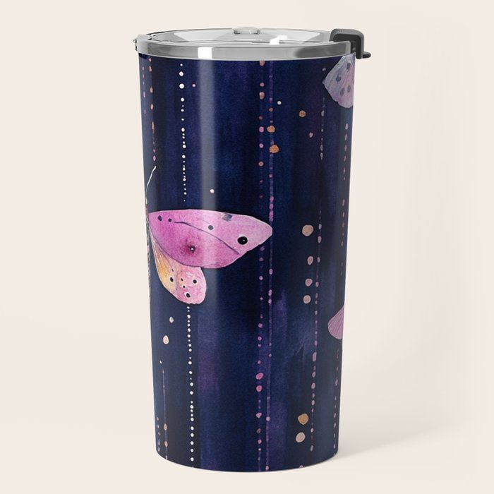 Night Garden Pink Watercolor Moths on Dark Purple All Over Travel Mug Gallery Image 2