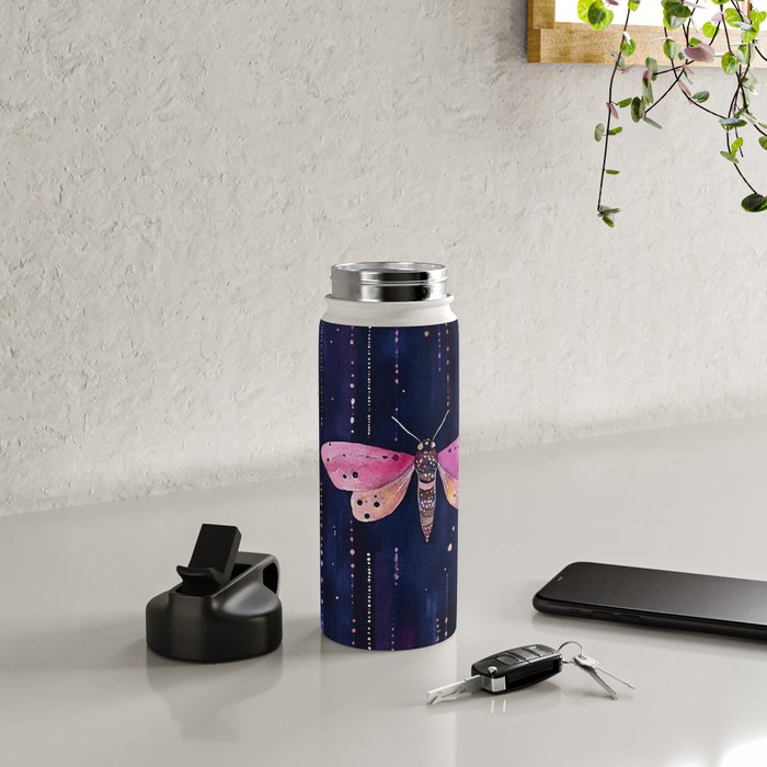 Night Garden Pink Watercolor Moths on Dark Purple All Over Water Bottle Gallery Image 4