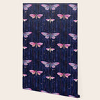Night Garden Pink Watercolor Moths on Dark Purple All Over Wallpaper Gallery Image 2