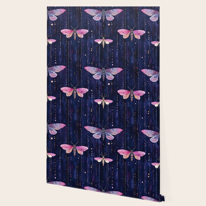 Night Garden Pink Watercolor Moths on Dark Purple All Over Wallpaper Gallery Image 2