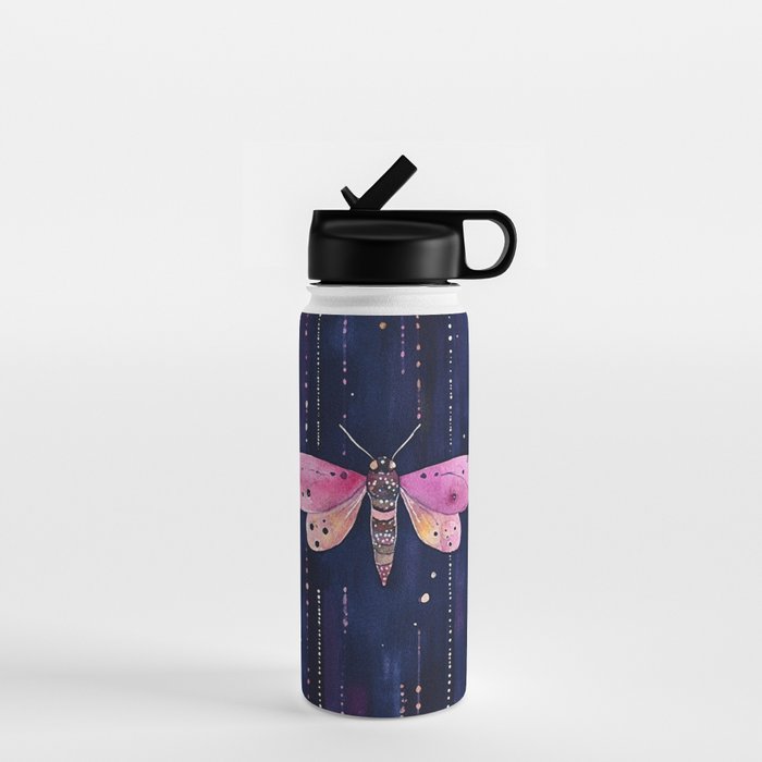 Night Garden Pink Watercolor Moths on Dark Purple All Over Water Bottle Gallery Image 1