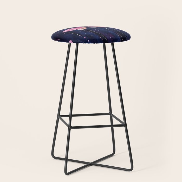 Night Garden Pink Watercolor Moths on Dark Purple All Over Stool Gallery Image 1