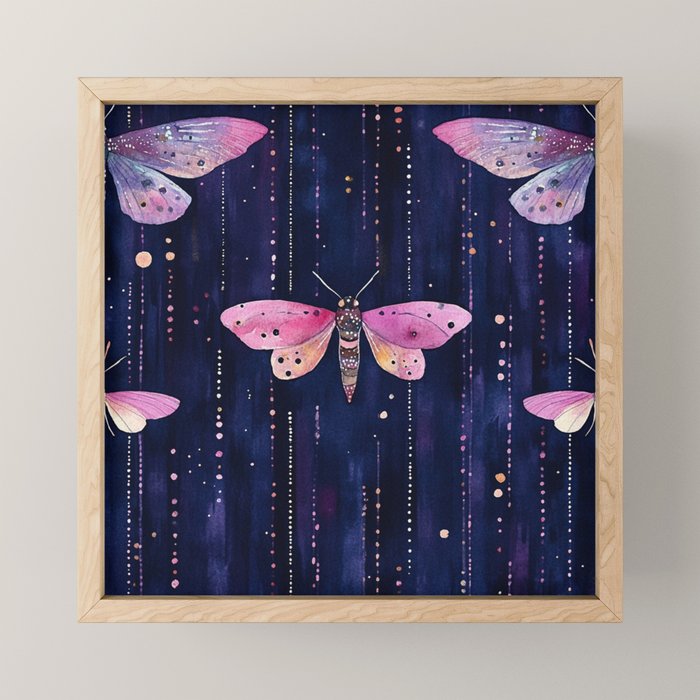 Night Garden Pink Watercolor Moths on Dark Purple All Over Mini Art Print Gallery Image 1