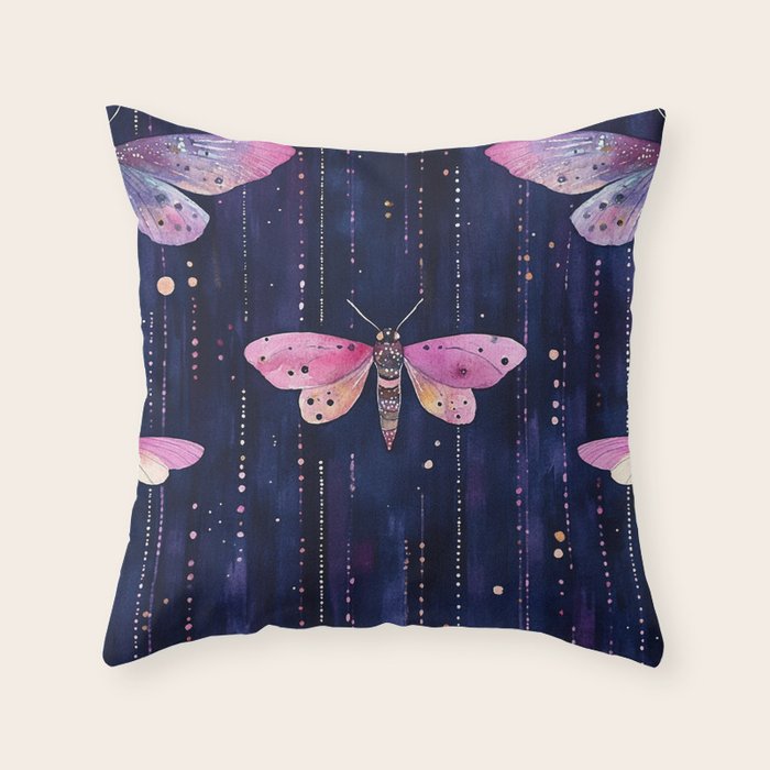 Night Garden Pink Watercolor Moths on Dark Purple All Over Throw Pillow Gallery Image 1