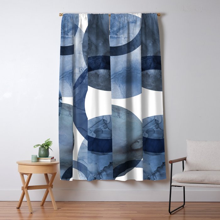 Mid Century Modern Abstract Shapes Navy Blue Window Curtain Gallery Image 1