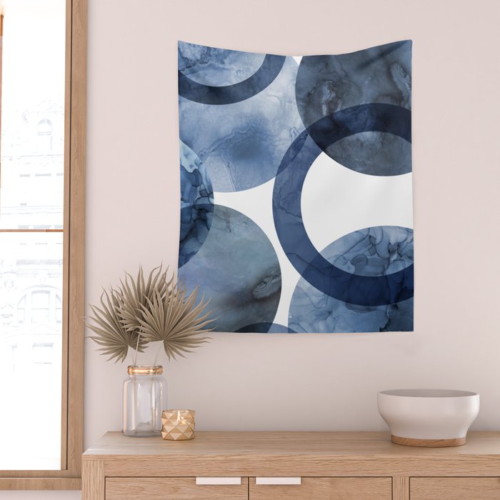 Mid Century Modern Abstract Shapes Navy Blue Wall Tapestry Gallery Image 2