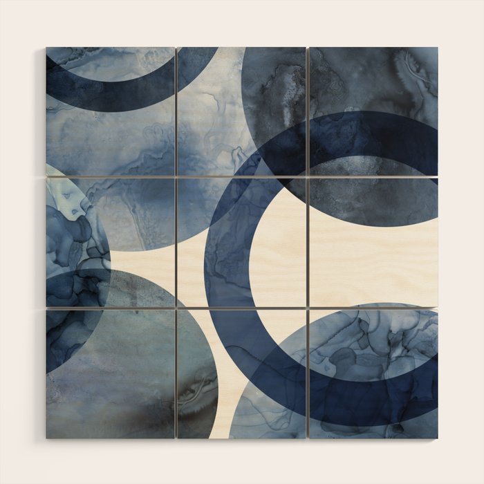 Mid Century Modern Abstract Shapes Navy Blue Wood Wall Art Gallery Image 1