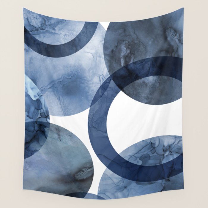Mid Century Modern Abstract Shapes Navy Blue Wall Tapestry Gallery Image 1