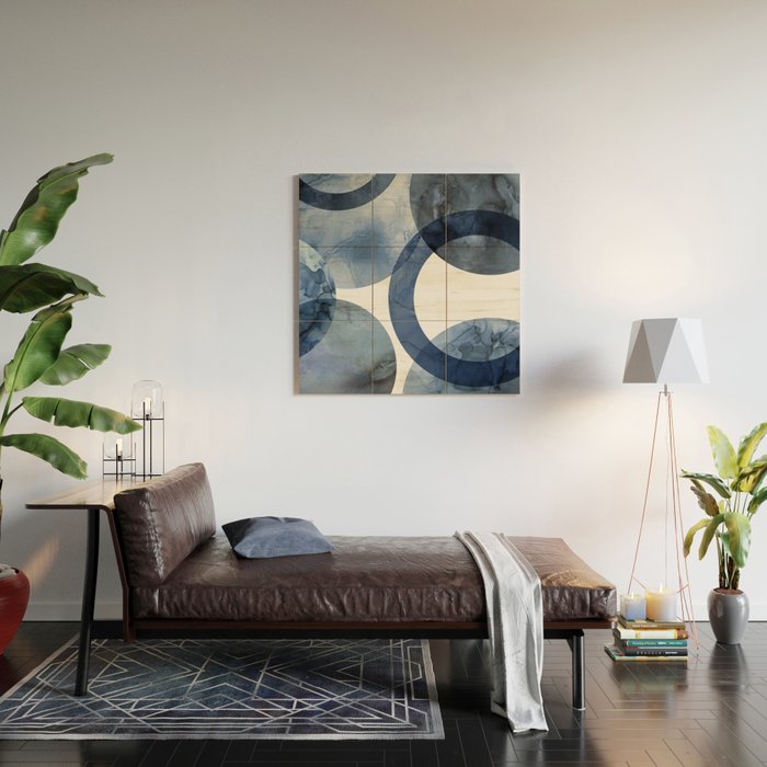 Mid Century Modern Abstract Shapes Navy Blue Wood Wall Art Gallery Image 2