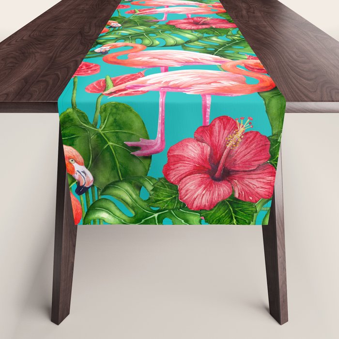 Flamingo birds and tropical garden          watercolor Table Runner Gallery Image 1