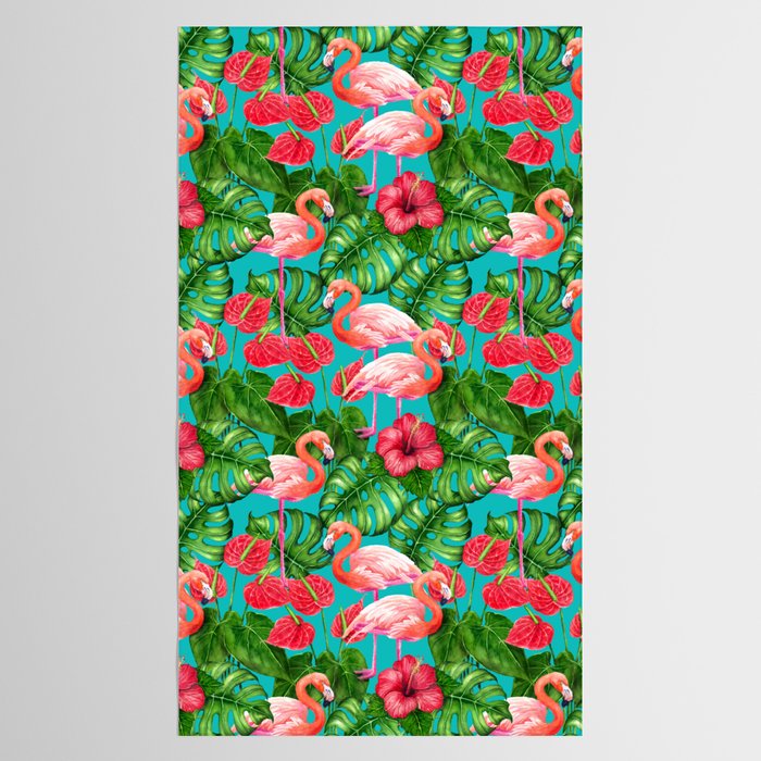 Flamingo birds and tropical garden          watercolor Tablecloth Gallery Image 2