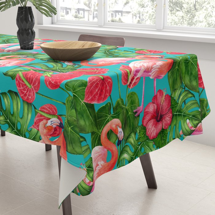 Flamingo birds and tropical garden          watercolor Tablecloth Gallery Image 3