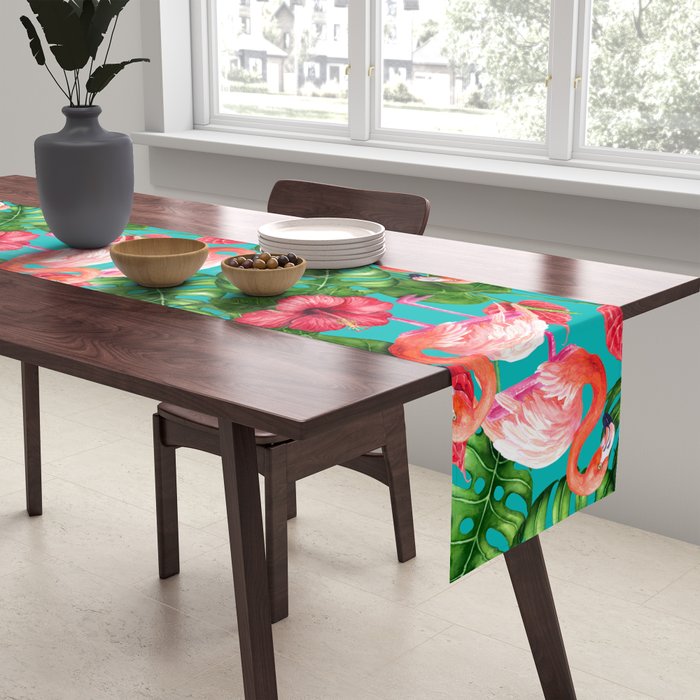 Flamingo birds and tropical garden          watercolor Table Runner Gallery Image 2