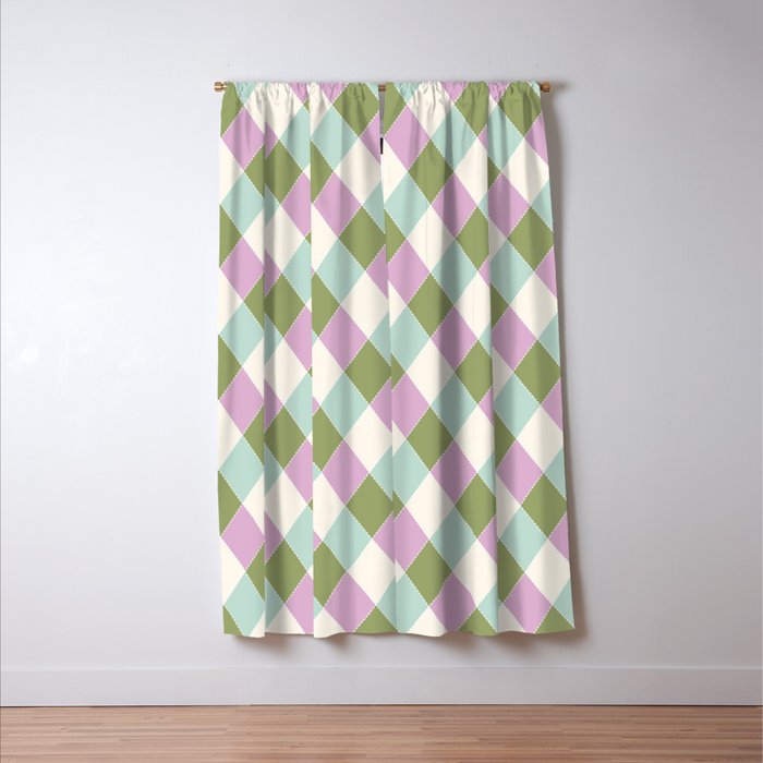 Retro Harlequin Plaid - Lavender, Green, Blue Window Curtain Gallery Image 3