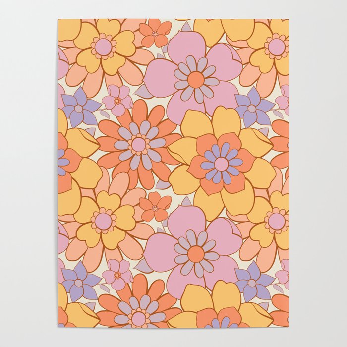 Retro hand drawn flower art pattern Poster Gallery Image 1