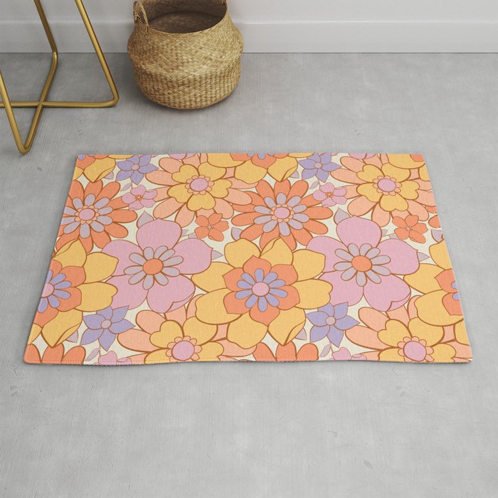 Retro hand drawn flower art pattern Rug Gallery Image 1