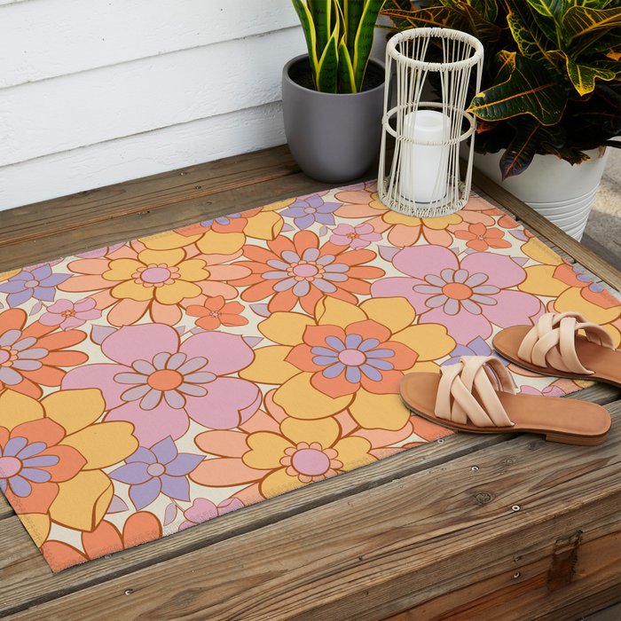 Retro hand drawn flower art pattern Outdoor Rug Gallery Image 2