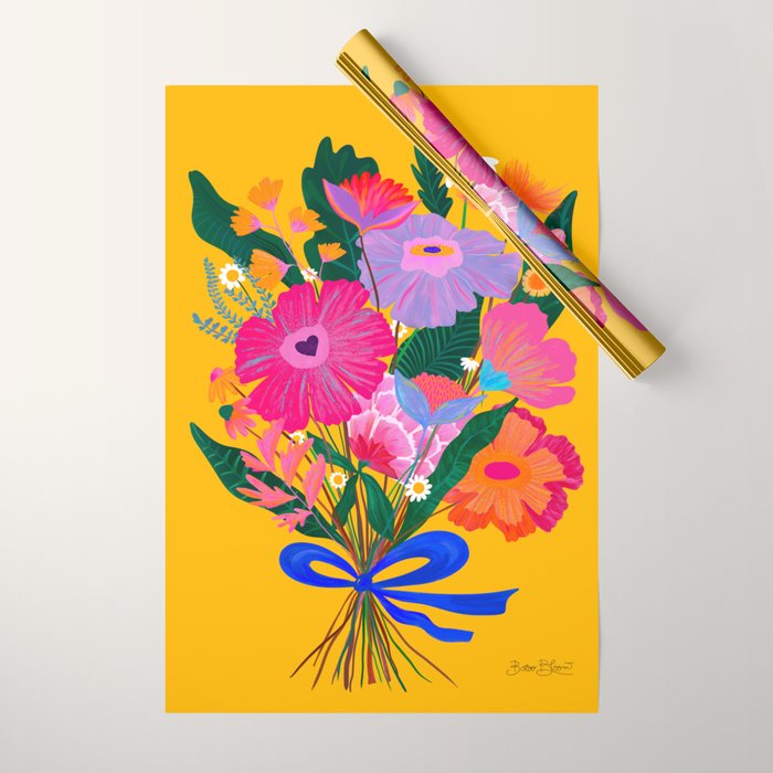 flower bouquet Pink Tangerine Wrapping Paper Gallery Image 1