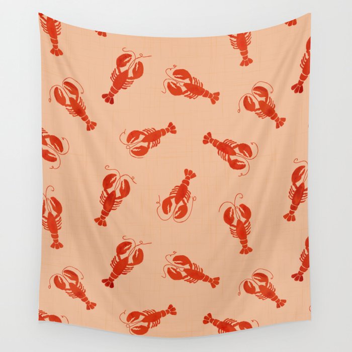 Classic Red Lobsters Pattern On Peach Wall Tapestry Gallery Image 1