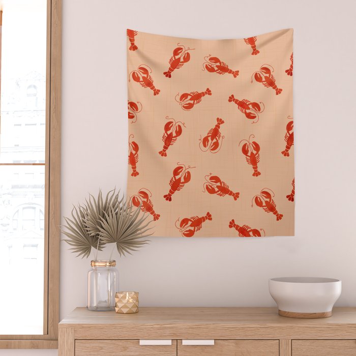 Classic Red Lobsters Pattern On Peach Wall Tapestry Gallery Image 2