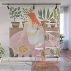 Yoga + Pizza, Red Head Woman Work Out Stay At Home, Ginger Plant Lady Home Decor Food Illustration Wall Mural Gallery Image 1