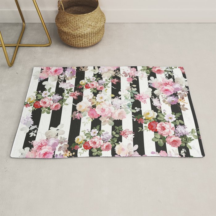Bold pink watercolor roses floral black white stripes Rug Gallery Image 1