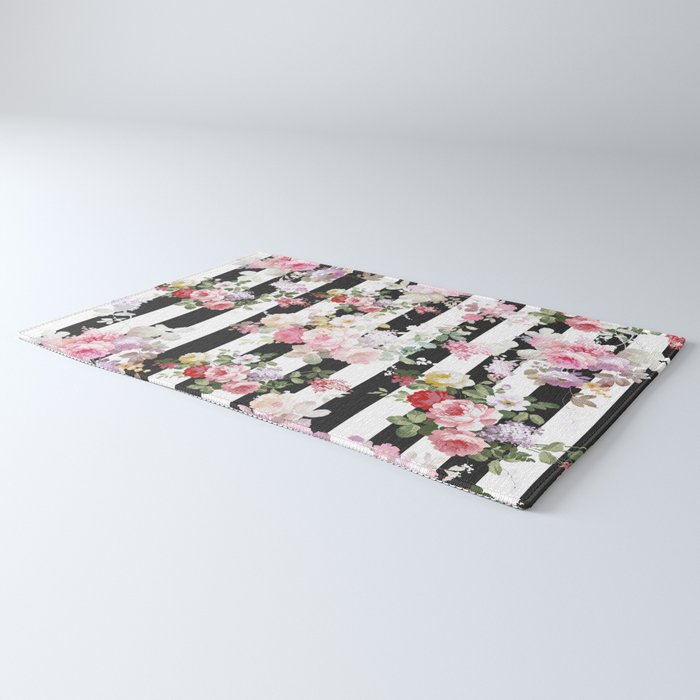 Bold pink watercolor roses floral black white stripes Rug Gallery Image 3