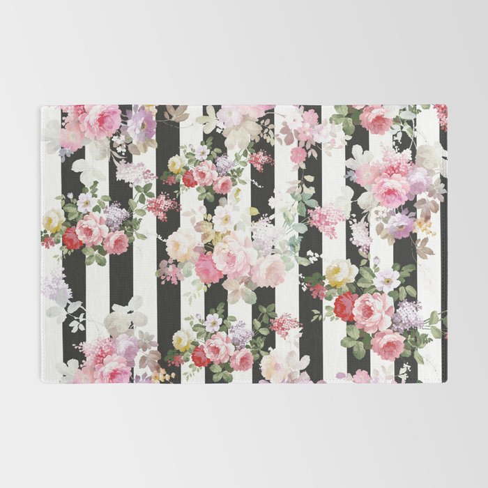 Bold pink watercolor roses floral black white stripes Rug Gallery Image 2