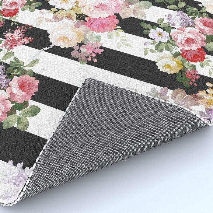 Bold pink watercolor roses floral black white stripes Rug Gallery Image 4