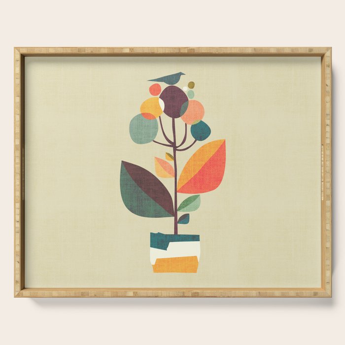 Potted plant with a bird Serving Tray Gallery Image 1