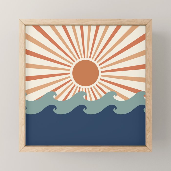 Retro, Sun and Wave Art, Blue and Orange Mini Art Print Gallery Image 1