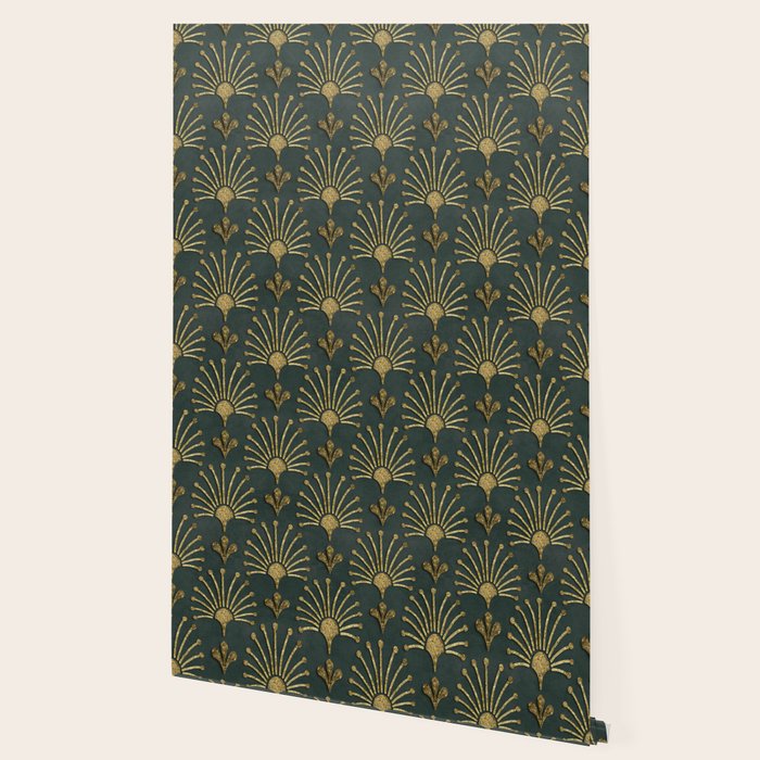 Retro Art Deco Pattern Gold On Green Velvet Wallpaper Gallery Image 2