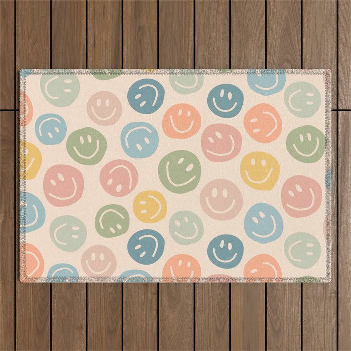 Colorful Smiley Faces Beige Pattern Outdoor Rug