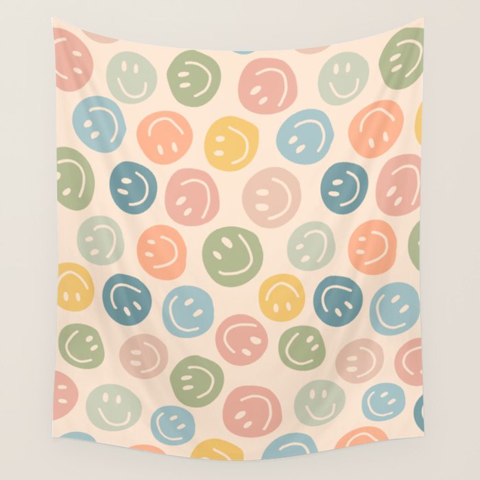 Colorful Smiley Faces Beige Pattern Wall Tapestry Gallery Image 1