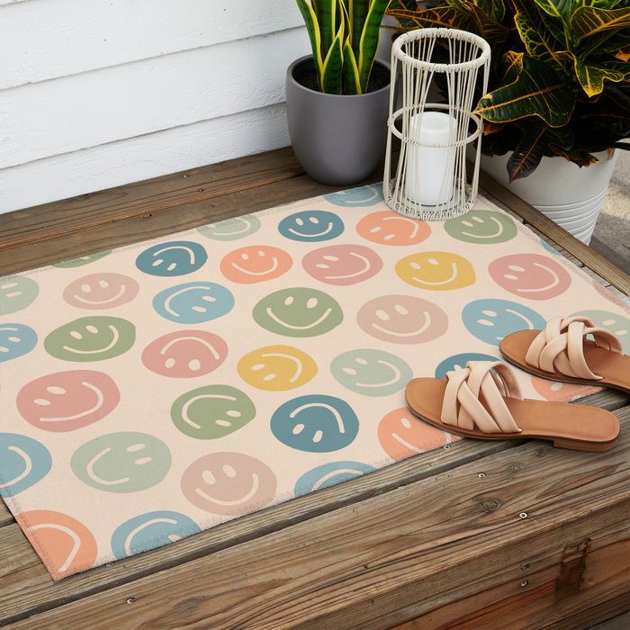 Colorful Smiley Faces Beige Pattern Outdoor Rug Gallery Image 2