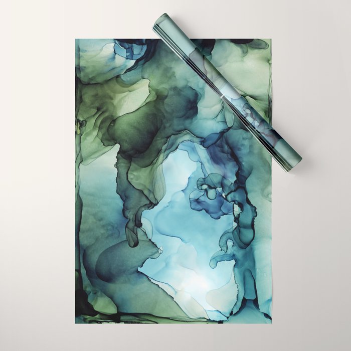 Land and Water Abstract Ink Painting Blues and Greens Wrapping Paper Gallery Image 1