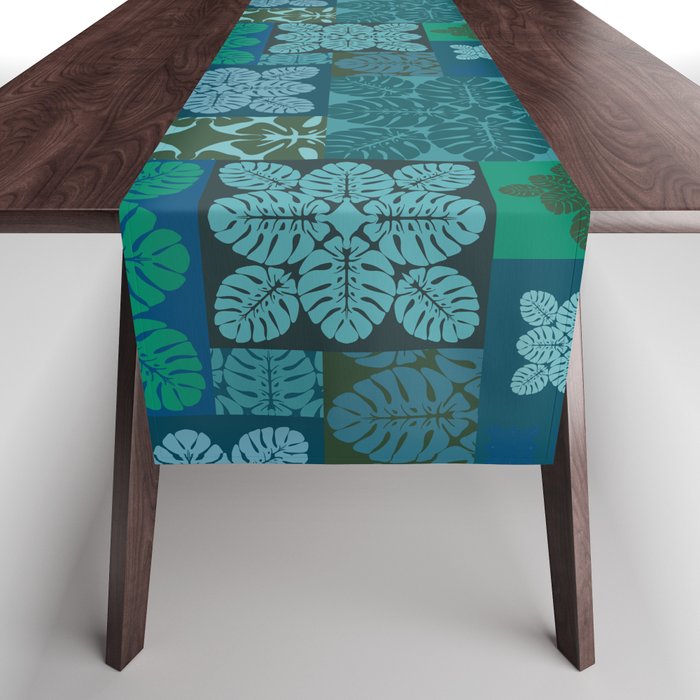 Hawaiian Monstera Quilt pattern Blues Table Runner Gallery Image 1