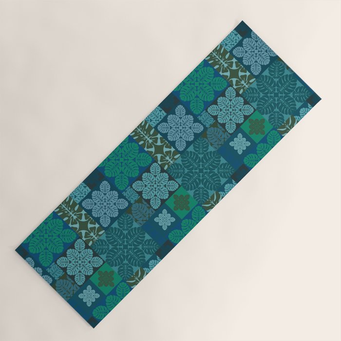 Hawaiian Monstera Quilt pattern Blues Yoga Mat Gallery Image 1