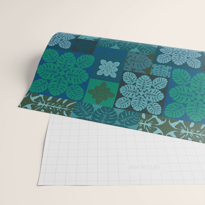 Hawaiian Monstera Quilt pattern Blues Wrapping Paper Gallery Image 2