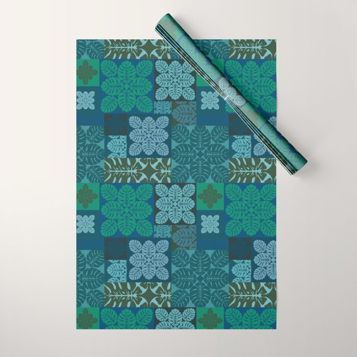 Hawaiian Monstera Quilt pattern Blues Wrapping Paper Gallery Image 1