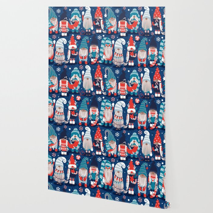Let it gnome // blue background little Santa's helpers preparing for Christmas neon red classic oxford and pastel blue dressed gnomes Wallpaper Gallery Image 2