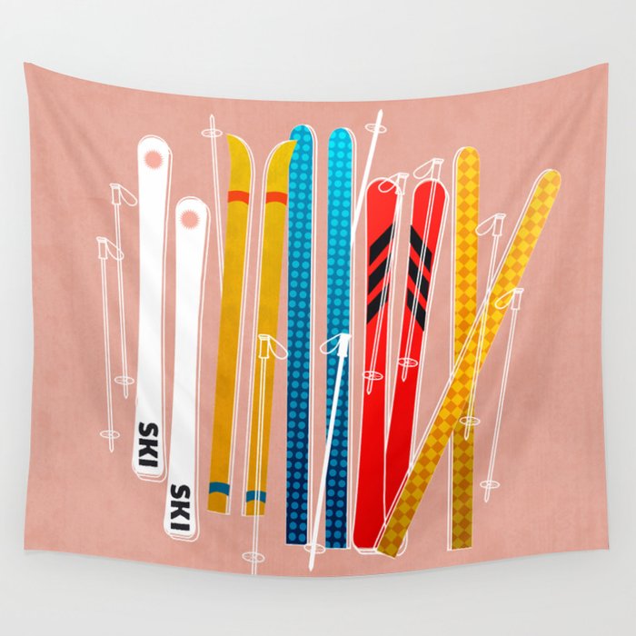 Colorful Ski Illustration and Pattern no 2 Wall Tapestry Gallery Image 1