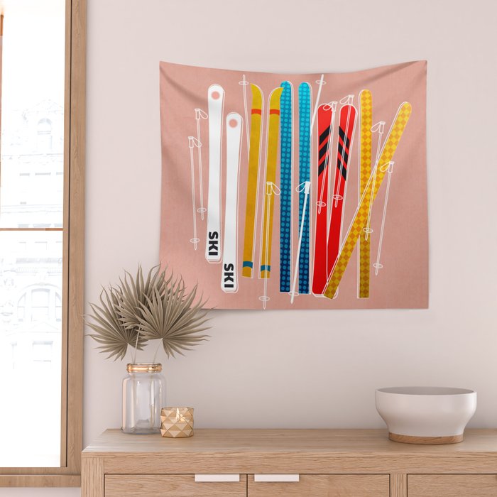Colorful Ski Illustration and Pattern no 2 Wall Tapestry Gallery Image 2